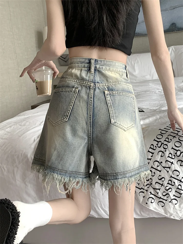 Pantalones vaqueros Retro destridos de cintura alta para mujer, diseño de talla grande con agujero, dobladillo deshilachado, pantalones picantes de cintura alta para primavera y verano