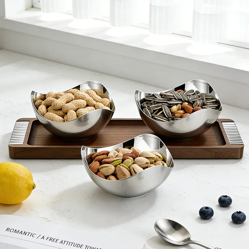 Stainless Steel Fruit Bowl Luxury Wooden Aesthetic Dried Fruit Tray Creative Pretty Unique Metal Sweets Plate Home Decoration