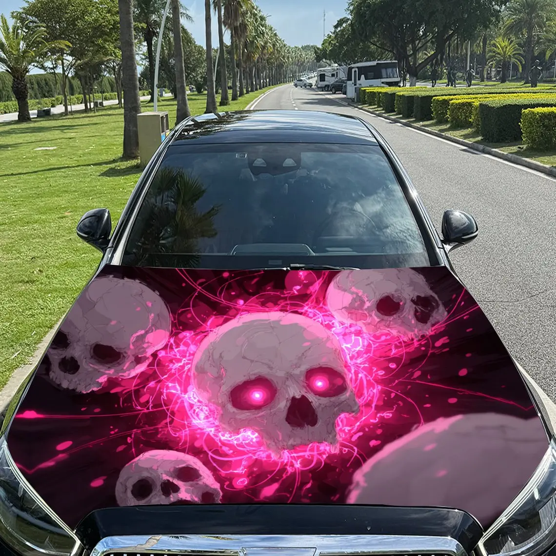 

Pink Glowing Eyes Skull Car Vinyl Wrap, PVC Material Waterproof Car Hood Sticker, Self-Adhesive Scratch-Resistant Stickers for E