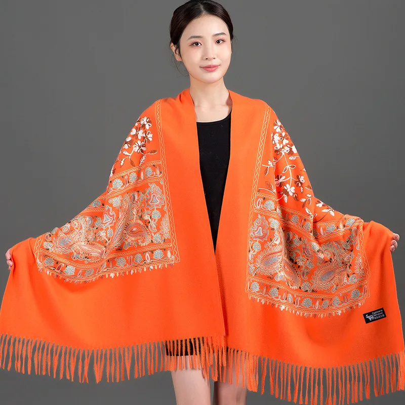 

21 Orange/Red/Blue Tassel Women Warm Pashmina For Lady Blanket Flower Embossed Shawls Cashmere Female Wraps National Winter Wrap