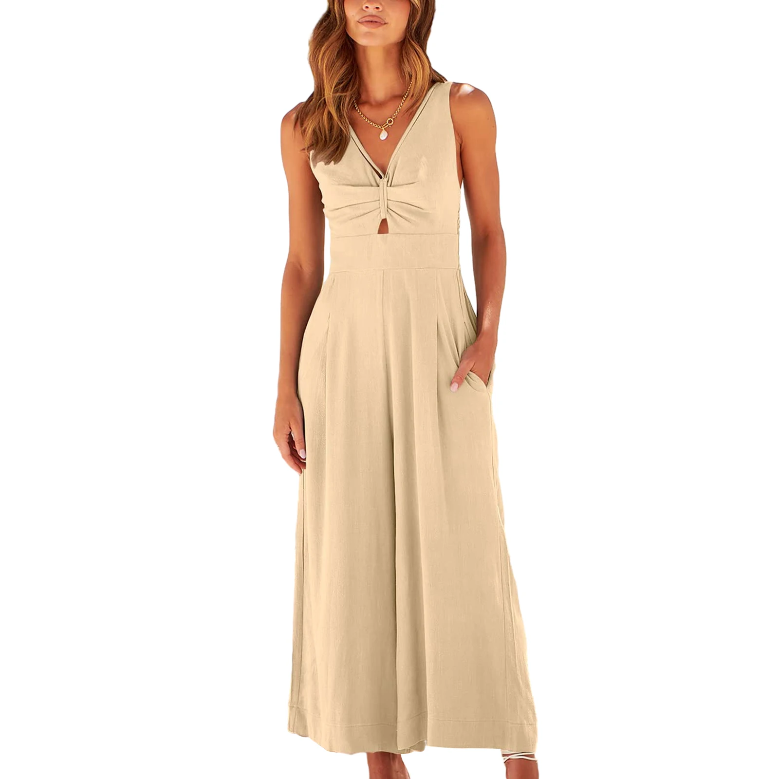 

Sexy V Neck Ruched Sleeveless Jumpsuit Summer Women's Casual Solid Color Backless Jumpsuit with Pockets Wide Leg Romper Overalls