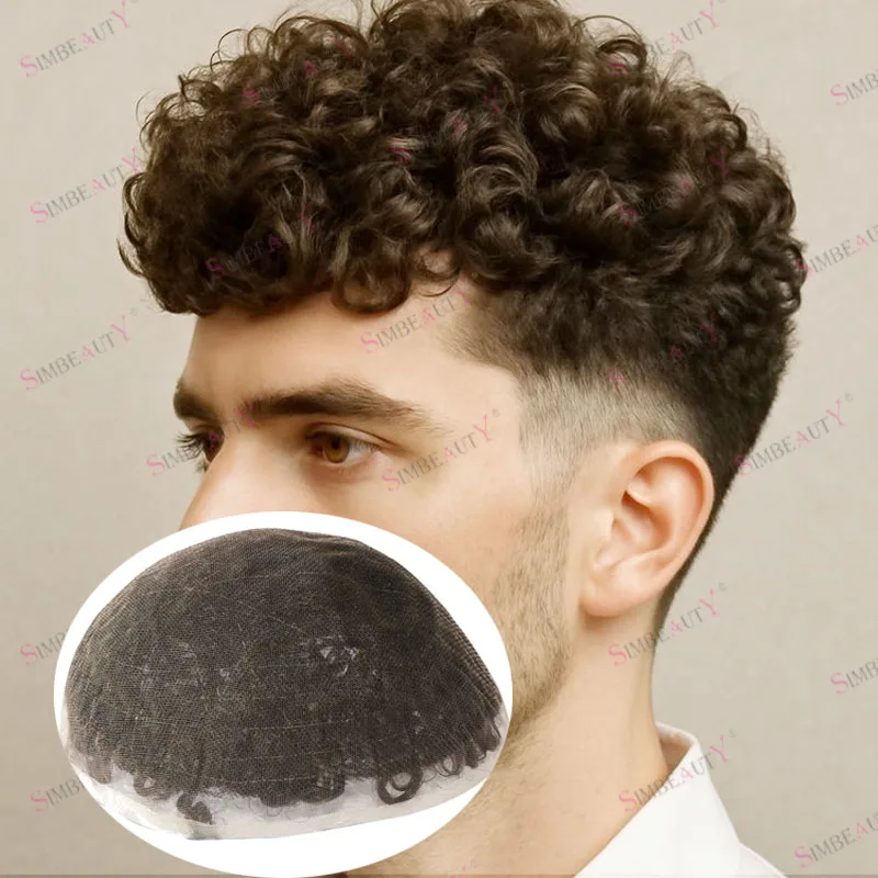 

Meidum, коричневые вьющиеся человеческие волосы, мужской парик, незаметный, долговечный, натуральный, дышащий, полностью швейцарский, кружевной протез для волос