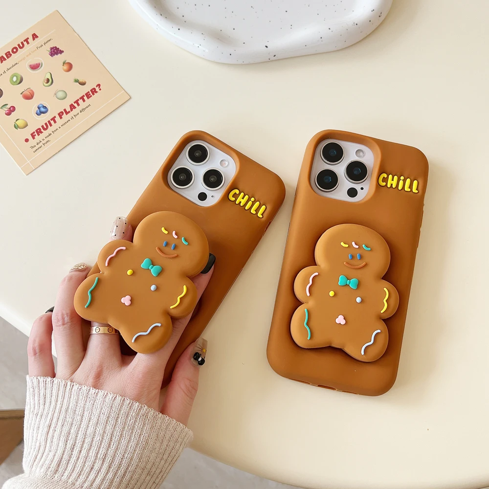 Gingerbread Man 3D Telescopic Bracket, Soft Silicone Phone Case, iPhone 12 13, 14, 15,16 16 promax, back cover Shell Skin Holder