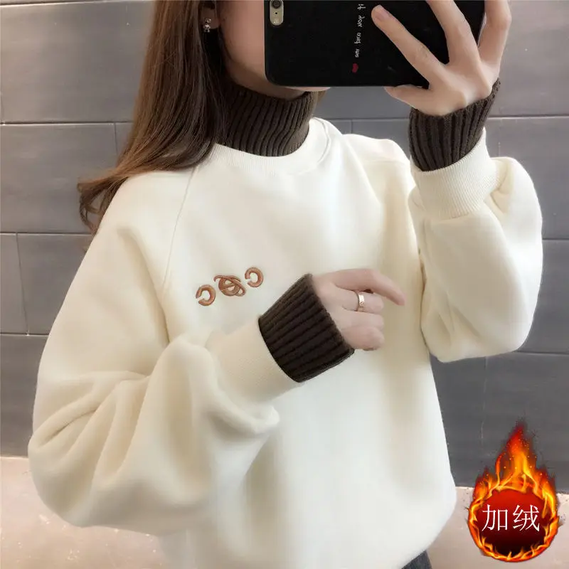 2023 Autumn and Winter Women\'s Half High Collar Long Sleeve Loose Embroidery Pullovers Korean Fashion Casual Office Lady Tops