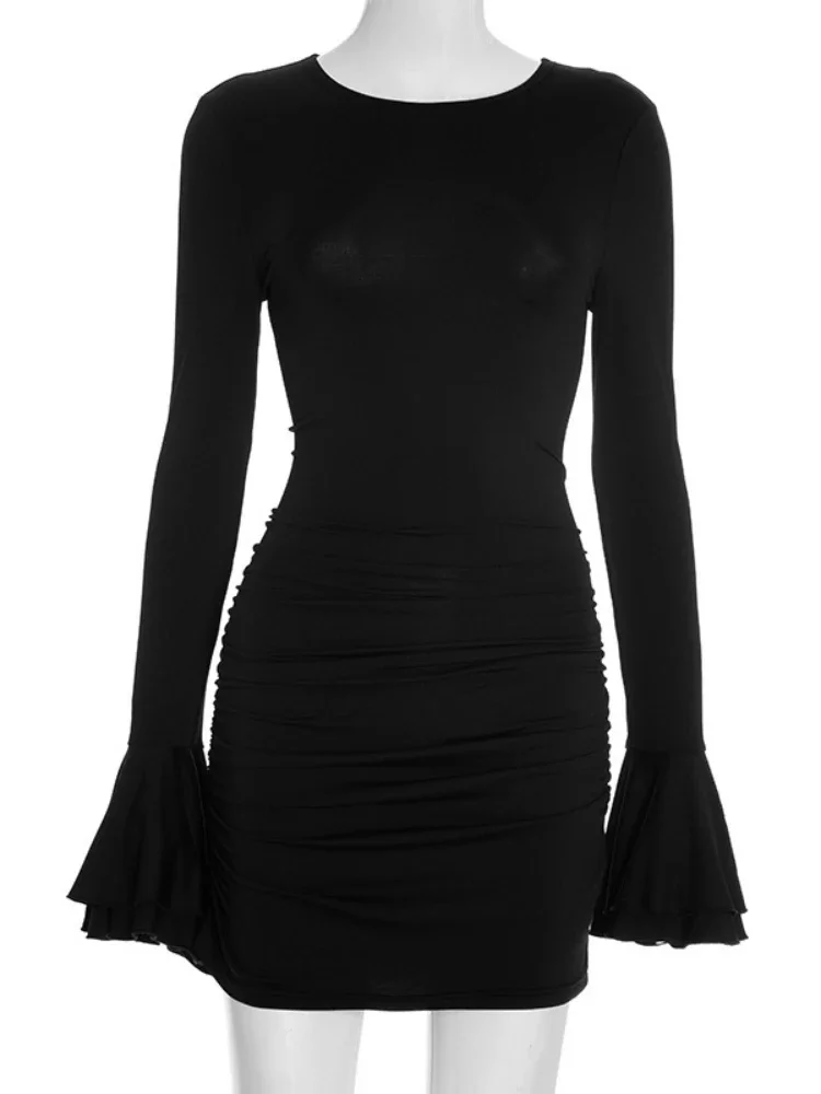 Sukienka Chaxiaoa z dzwonkowatymi rękawami, plisowana, dopasowana, modna, z dekoltem typu O, jednolita, z wysokim stanem, wyszczuplająca, na imprezę, wieczorowa, damska, krótka sukienka 2025