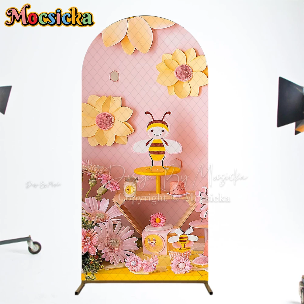 

Mocsicka Little Bee Arch Backdrop Cover Baby Birthday Photo Arched Background Photography Pink Yellow Flower Wedding Decor Props