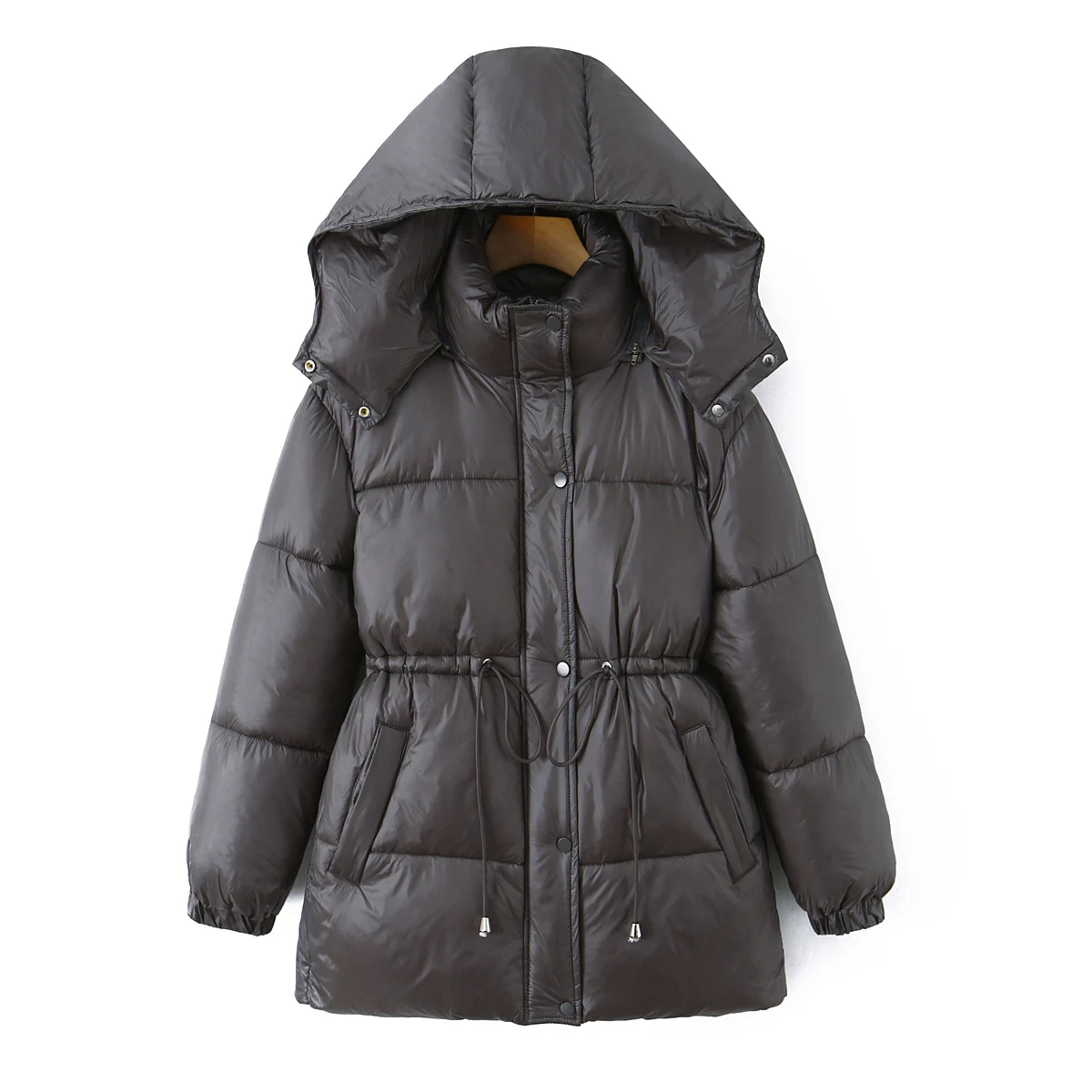 Women's 2025 Winter Dark Gray Shiny Cotton Coat Hooded Long Sleeve Drawst Waist Midi Jacket Elastic Cuffs Pockets Casual Coat