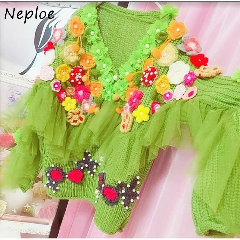 Neploe V Neck Beading Stereo Flower Outerwear  Autumn Vintage Sweater Jacket Solid Color Long Sleeve Single-breasted Cardigans