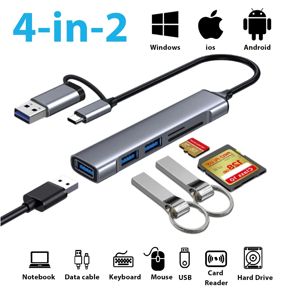 4 In 1 USB 3.0 Docking Station Suporte USB Type-C For Mobile Phone Charging U Disk Reader Hard Disk For Macbook Air Ipad PC Hub