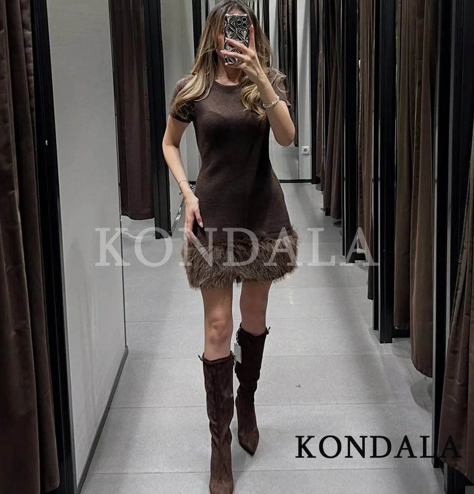 KONDALA 秋ニットフェイクファー裾ショートドレス レディース エレガント半袖ドレス 2025 春秋ファッションパーティーショートドレス