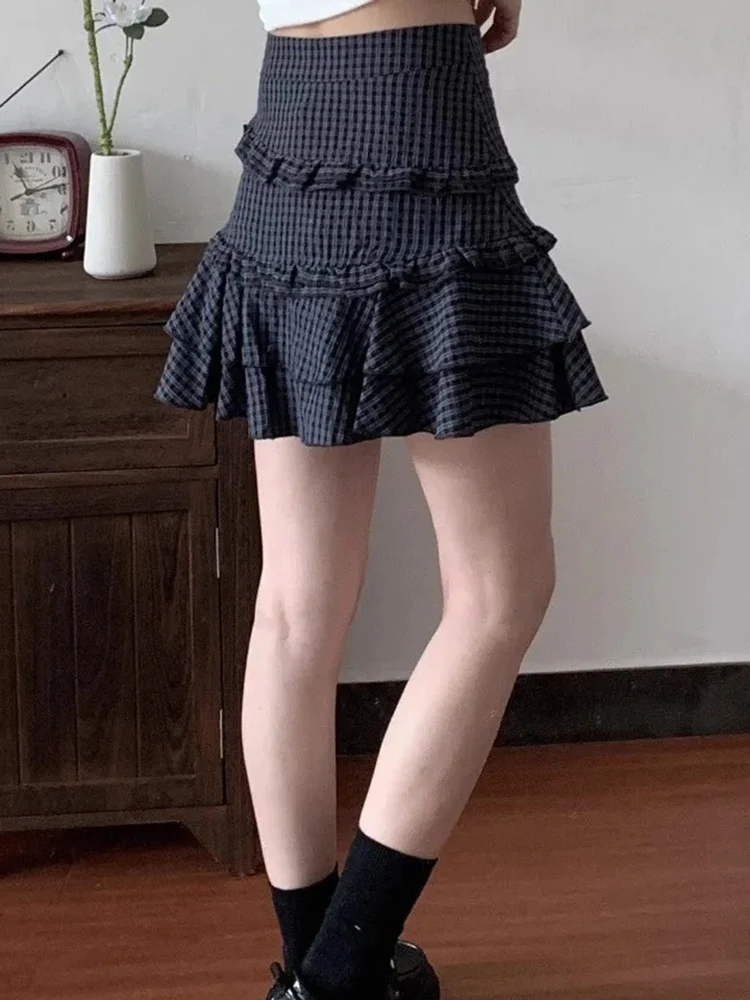 Spódnice w kratę damskie z wysokim stanem w stylu preppy vintage słodkie eleganckie modne falbany patchwork mini spódniczka damska codzienna