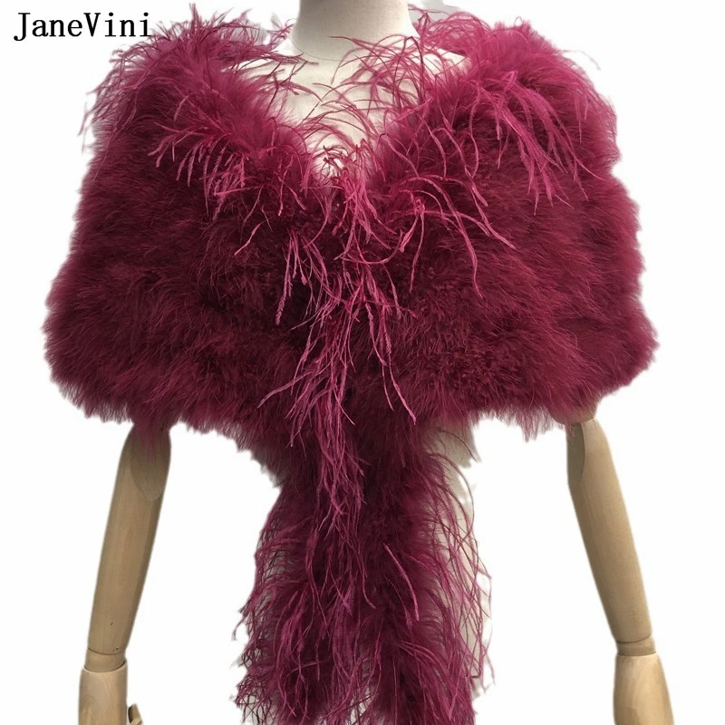 

JaneVini New Luxury Burgundy Ostrich Feathers Bridal Shawls Faux Fur Cape Winter Women Bolero Cloak Evening Party Wraps Stoles