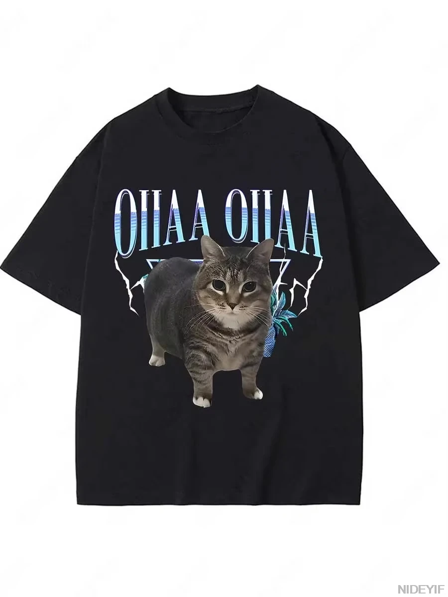 Fun Oiia Oiia woven cat terrier T-shirt cute awakened pattern cat design Pure cotton couple's street style shirt for all seasons