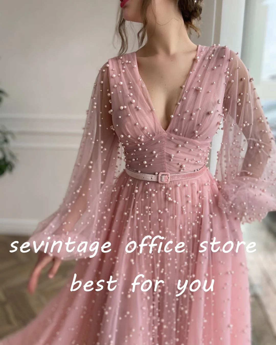 Sevintage Hồng Đính Hạt Ngọc Trai Vũ Hội Áo Tay Dài Cổ Chữ V Chữ A Váy Dạ HộI Dự Tiệc Trang Trọng Đầm Có Túi 2022