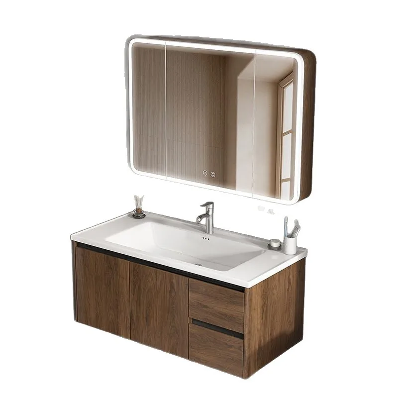 

New Chinese bathroom cabinet walnut double drawer thickened bathroom cabinet combination ceramic washstand hand basin