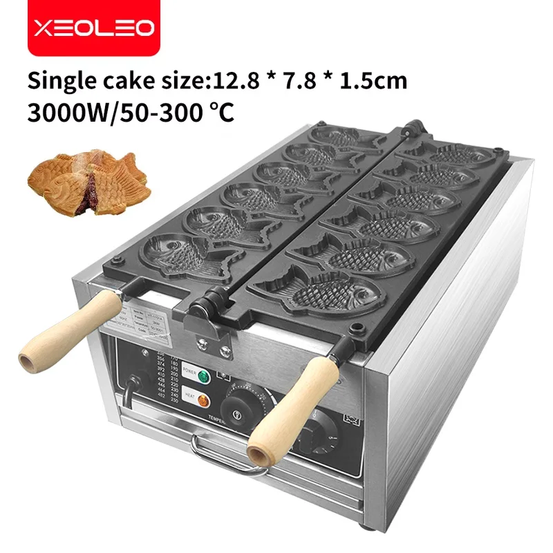 XEOLEO Taiyaki Maker Fish Waffle Machine Fish Cake Baking Machine 6 Pcs Fish Ice Cream Waffle Maker 3000W Non-stick Pan