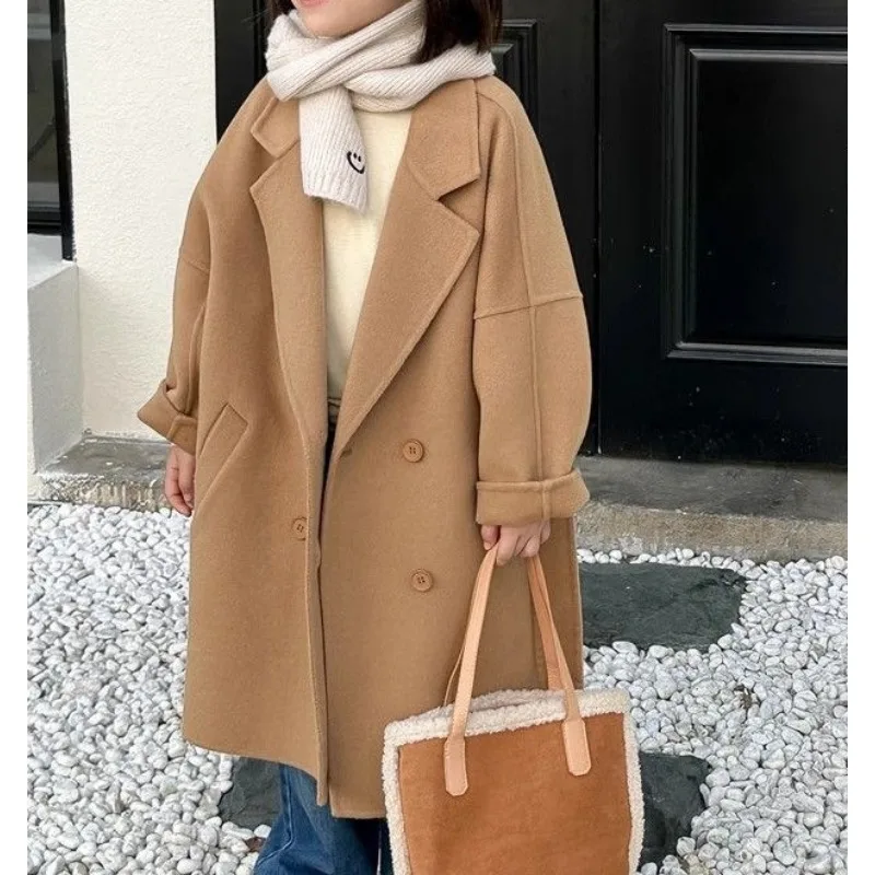 Khaki Thickened Plush Coat Medium and Large Girls Winter Fashion Casual Versatile Medium and Long Coat