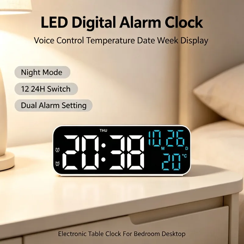 Digital Alarm Clock LED Electronic Table Clock Voice Control Temperature Date Week Display Night Mode 12 24H Adjustable