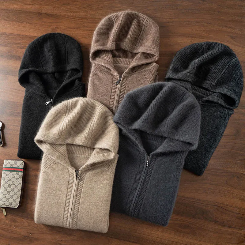 High Quality Men 100% Cashmere Sweater Thick Hooded Zipper Cardigan Pocket Coat Smart Casual Soft Warm Cashmere Knitted Jacket