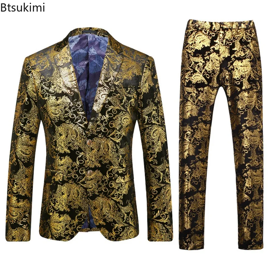 High-end Men's Suit Sets Fashion Business Handsome British Style Slim Print Suit 2-piece Set Men Wedding Party Blazers and Pants