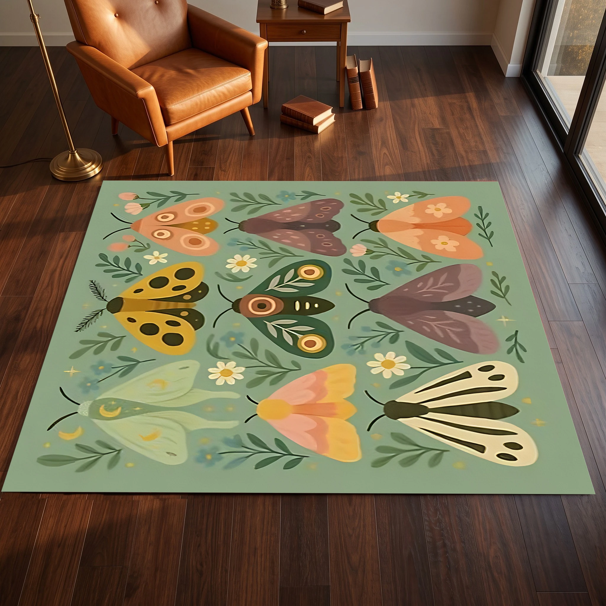 2D Large Carpet Retro Moth Flower Natural Soothing Style for Living Room Bedroom Bedside
