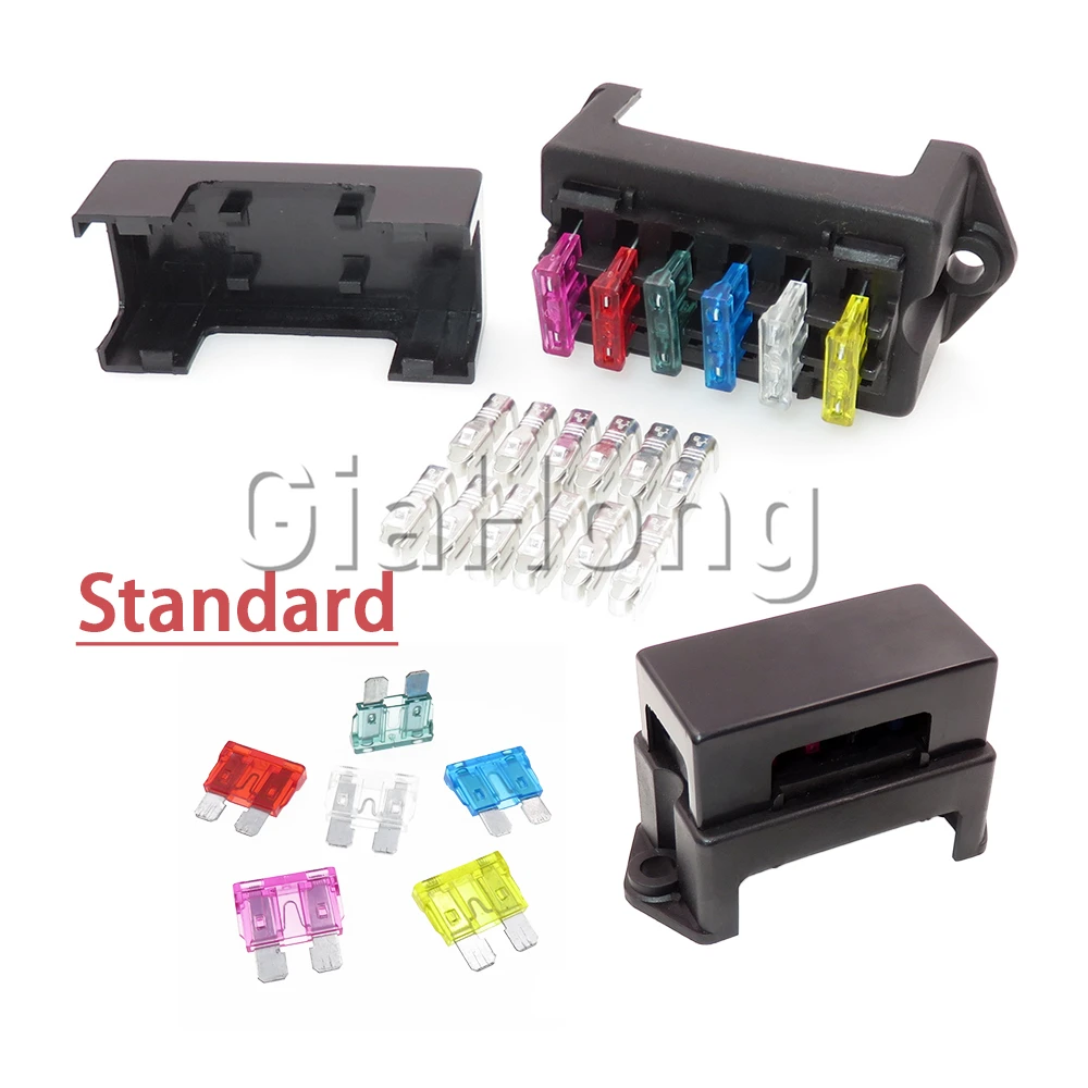 1 Set 6 Ways Medium Blade Insurance Socket Black Middle Car Fuse Holder AC Assembly Standard Auto Fuse Box with Terminal