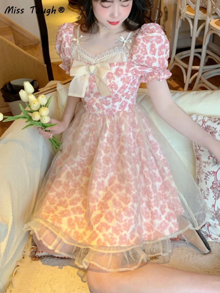 Lace Lolita Print Dress Women French Y2K Patchwork Sweet Party Mini Dresses Female Pink Bow Summer Floral Kawaii Dress 2022 New