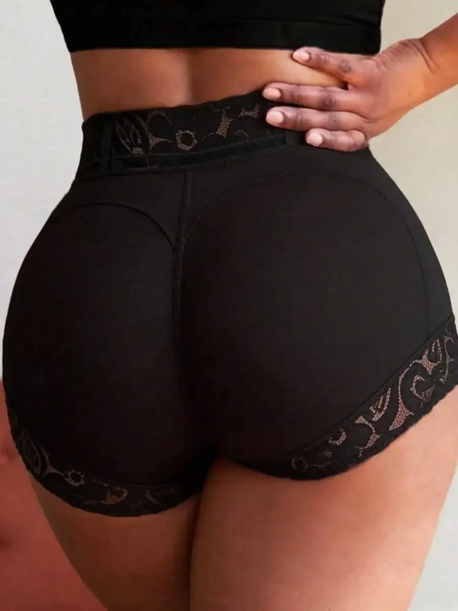 Black High-Waist Shapewear Shorts With Lace Trim, Butt Lift And Tummy Control, Silicone Grip For Secure Fit