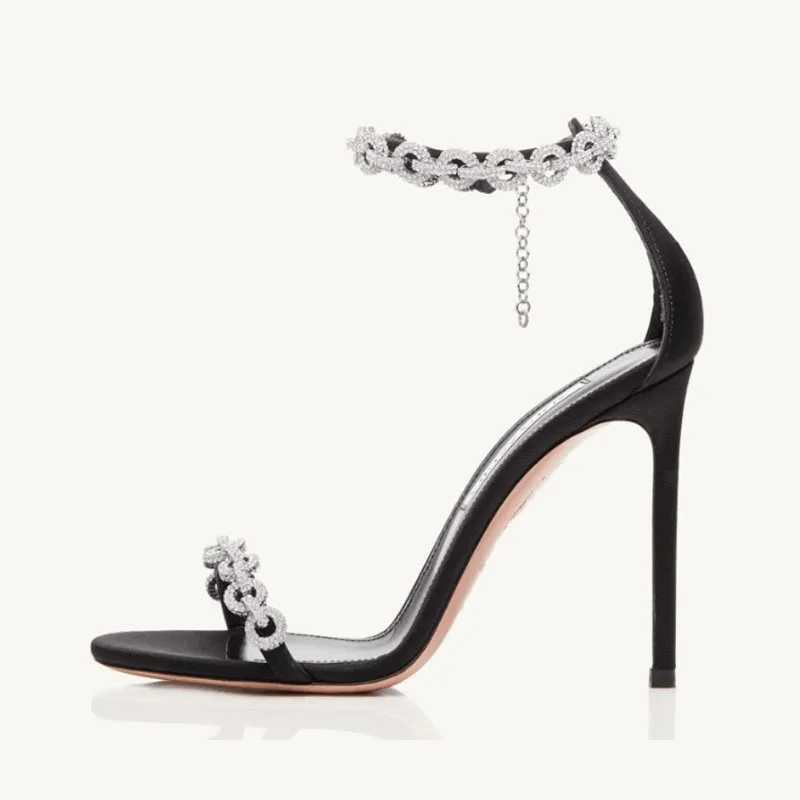 

Arden Furtado Summer luxury Diamond chain word-cingulate Round toe Metal buckle Super high heel Dinner party Open toe sandals