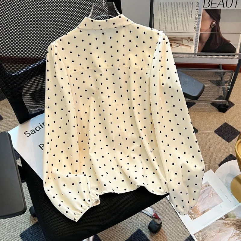 Kimotimo French Elegant Polka Dot Shirt Women Bow Lace Up Spliced Ruffle Long Sleeve Tops Vintage Versatile Blouse Y2k Camisas