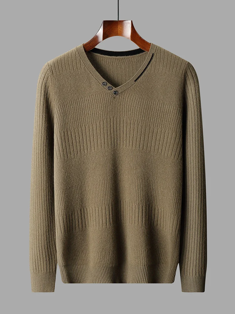 Suéter de lana pura con cuello en V para hombre, Tops sueltos de Jacquard para jóvenes, chaqueta cálida informal con botones, camisa Base de gran tamaño, otoño e invierno, nuevo, 100%