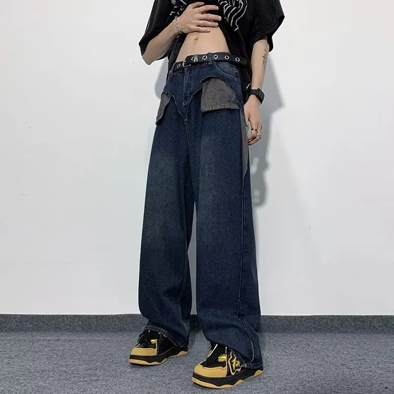 

Design sense niche color contrast stitching jeans for women's spring 2023 new high waisted slim straight leg wide leg long pants