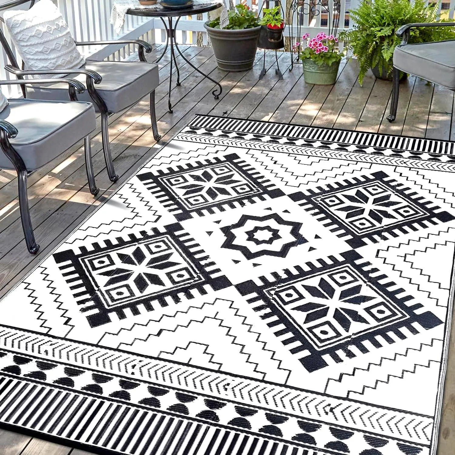 Waterproof Outdoor Rug 8x10ft, Boho Reversible Plastic Straw Mat for Patio RV Deck Porch Backyard Balcony Camping Picnic Beach I