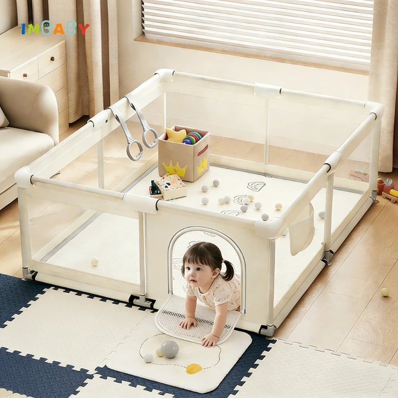 IMBABY Box per bambini aggiornato con anello di trazione | Recinto per Area Giochi con Piscina di Palline per Interni, per Bambini da 6 Mesi a 6 Anni | Barriera di sicurezza per bambini