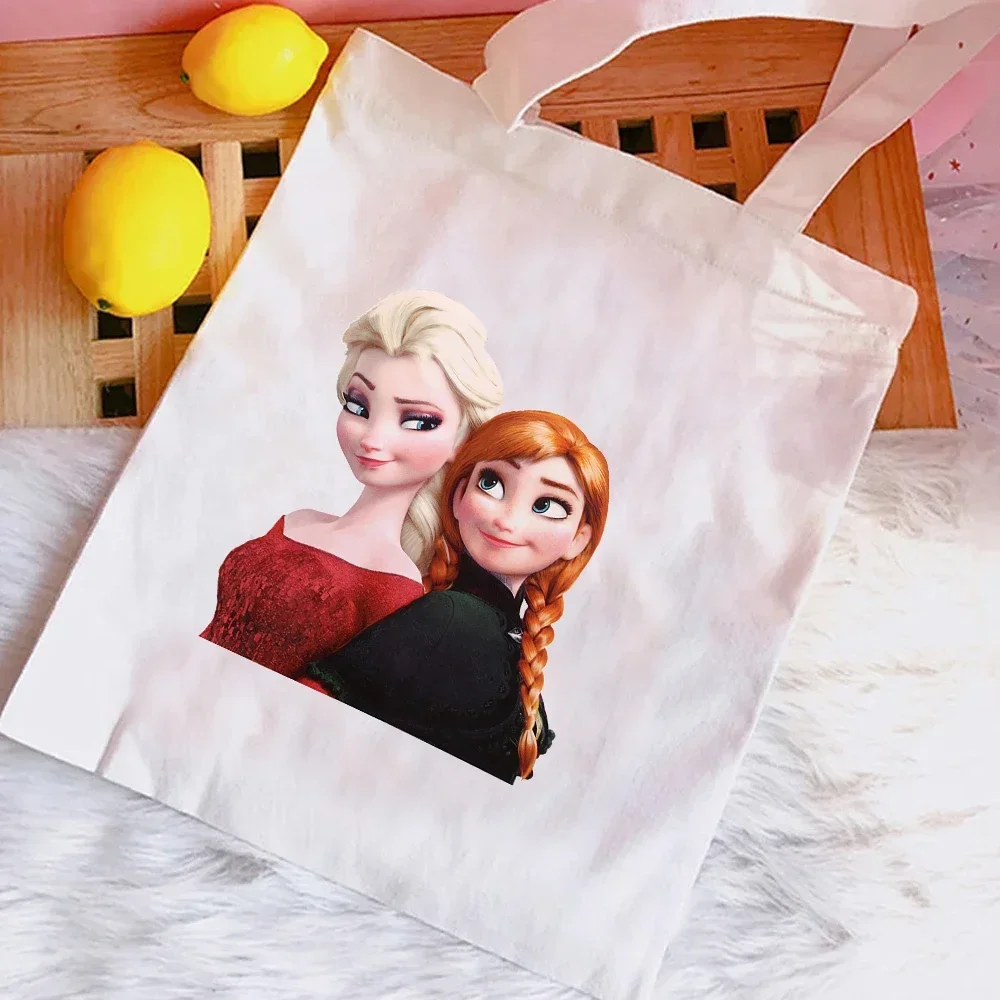 Frozen Elsa Anna Canvas Shoulder Bag Print Handbags For Women Large Capacity Shopper Totes Fashion Cotton Casual Shopping Bags