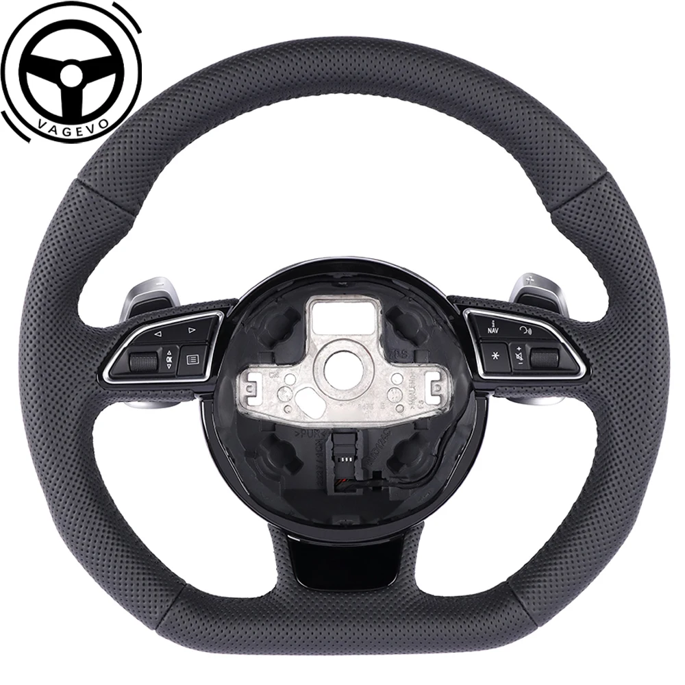 

Full Perforated Leather Steering Wheel For Audi A4 B8 Black Stitching Flat Bottomed Multifunction Steering Wheel