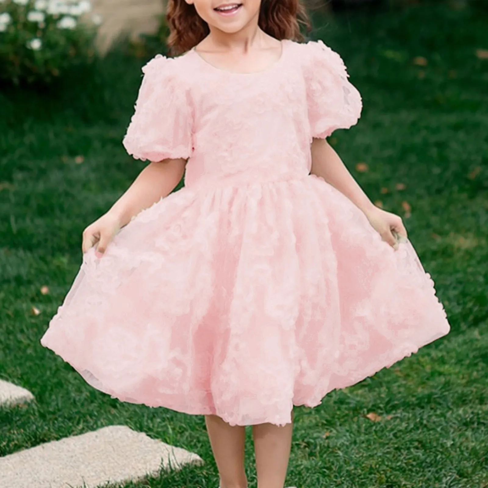 Neue Sommer Teenager Mädchen Kleid Einfarbig Kurze Puff Ärmeln Quadrat Kragen 3D Blume Pailletten Baby Prinzessin Kleider