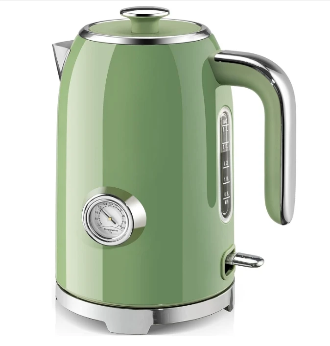 57 oz hot tea water boiler, thermometer, 1500W quick heating stainless steel pot, self-closing and boil protection, retro green