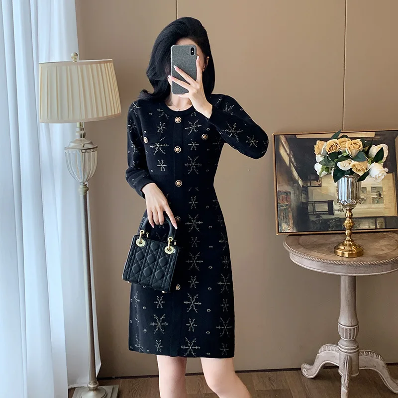 #2401 Black Tight Sweater Dress Women Buttons Slim Stretch Knitted Dress Round Neck Mini Dress Long Sleeve France Style Autumn