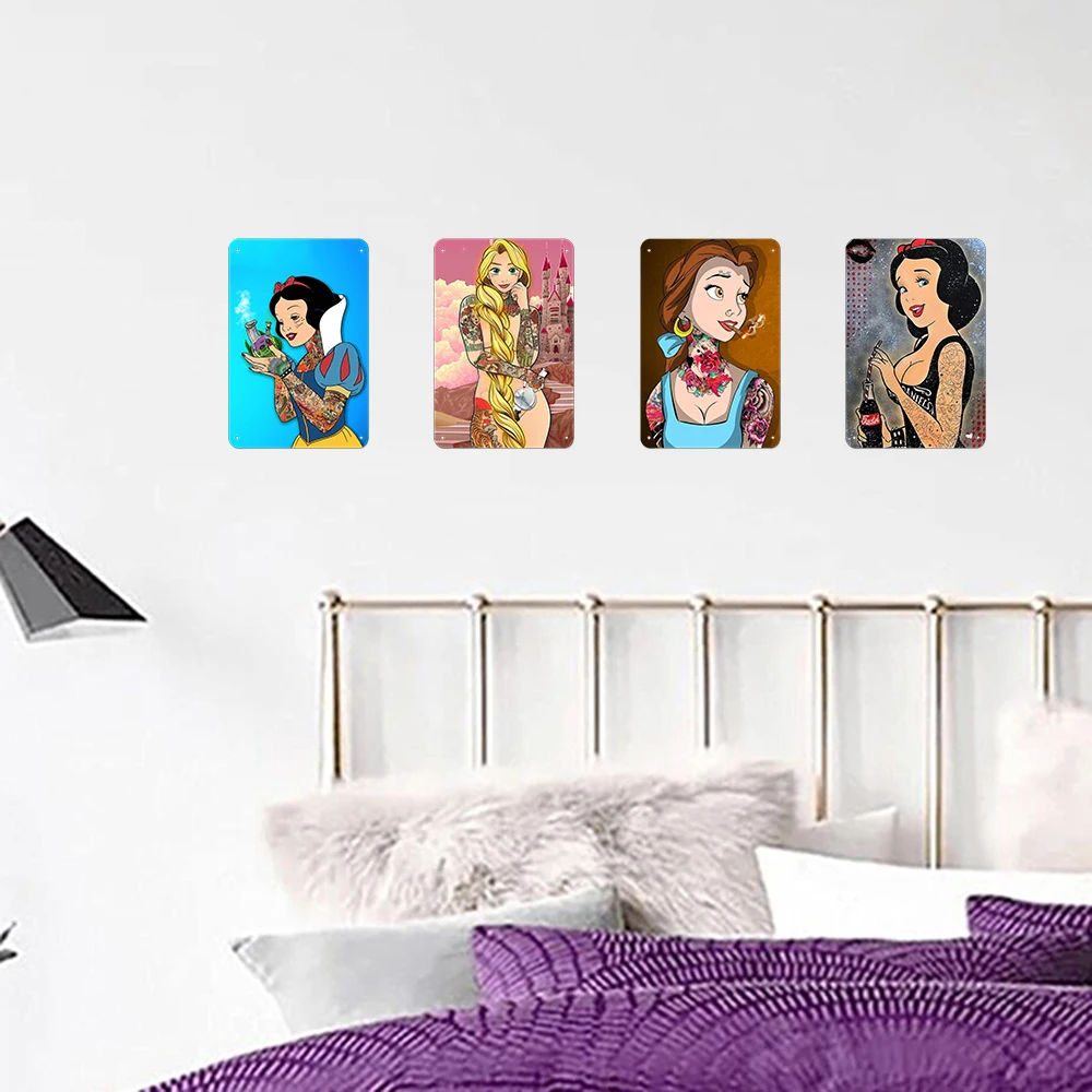 รอยสัก Disney Princess ป้ายโลหะดีบุก,แฟชั่น Pop Art Snow White Rapunzel ภาพ, ห้องนั่งเล่น Home Bar Wall Decor แผงภาพจิตรกรรมฝาผนัง