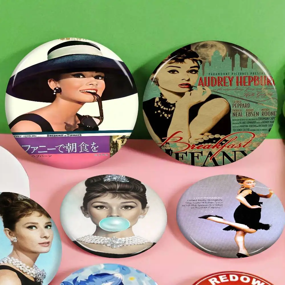 

Breakfast at Tiffanys Tinplate Pin Button Custom Anime Role Old-school Brooch Cartoon Collar Badge Jewelry Gift Fans