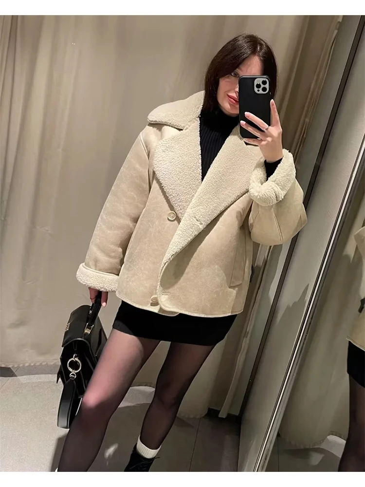 Womens Mode Binnen Bont Warme Faux Lederen Beige Jassen Herfst Winter Meisjes Casual Single Breasted Streetwear Losse Outwear