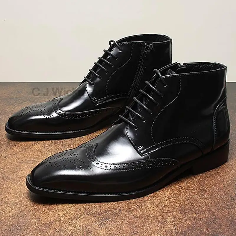 Fashion Men's Boots Genuine Leather Black Brown Lace Up Pointed Toe Wingtip Brogue Male Dress Shoes Wedding Office Boots For Men