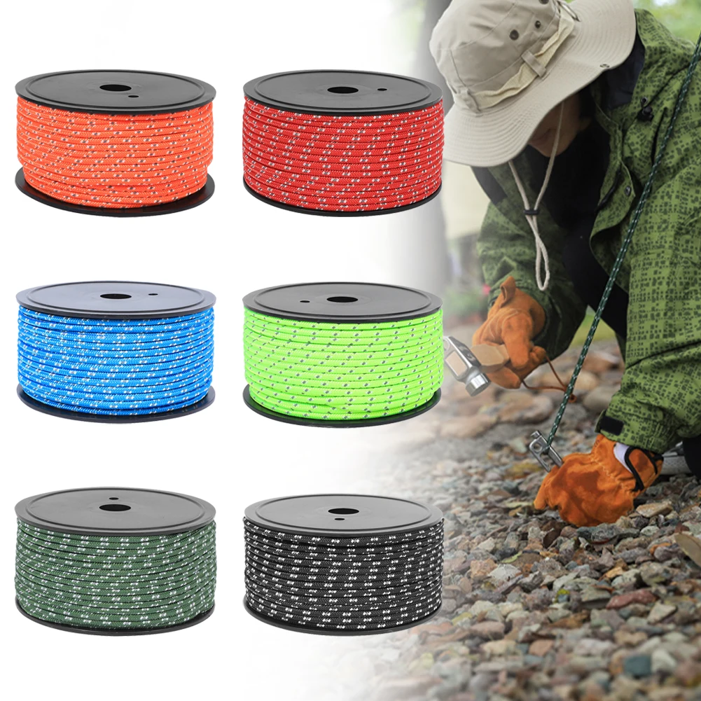 

5MM*50M Reflective Tent Rope Guylines Colred Bold And Reinforced Sunshade Fixing Rope Outdoor Camping Hiking Nylon Tent Cord