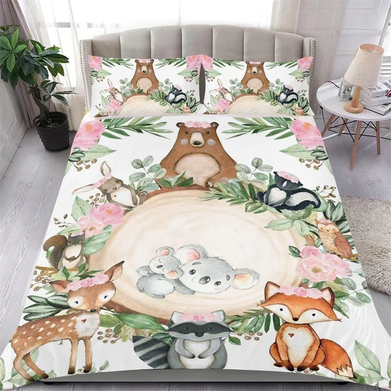 Lovely Baby Elephant Flowers Duvet Cover Set Cute Cartoon Animals Bedding Set Giraffe Quilt Cover Twin Full for Girls Boys Gift