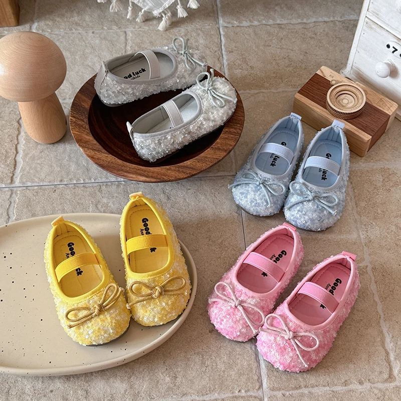 Girls Sequin Mary Jane Shoes with Bow-knot Soft Sole Anti-slip Children Flats Princess Shoes Kids Party Dress Shoes Size 21-30