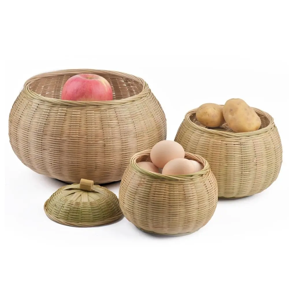 1Pc Round Rattan Boxes with Lid Hand-Woven Multi-Purpose Wicker Tray Picnic Food Bread Storage Basket