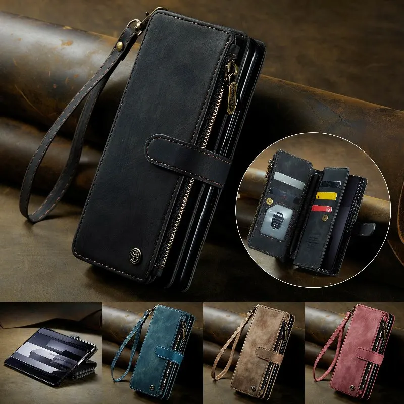 Side Magnetic Buckle Flip Wallet Card Slots Phone Cover For Samsung Galaxy Z Fold6/Z Fold 5 Leather Protective Case With Lanyard