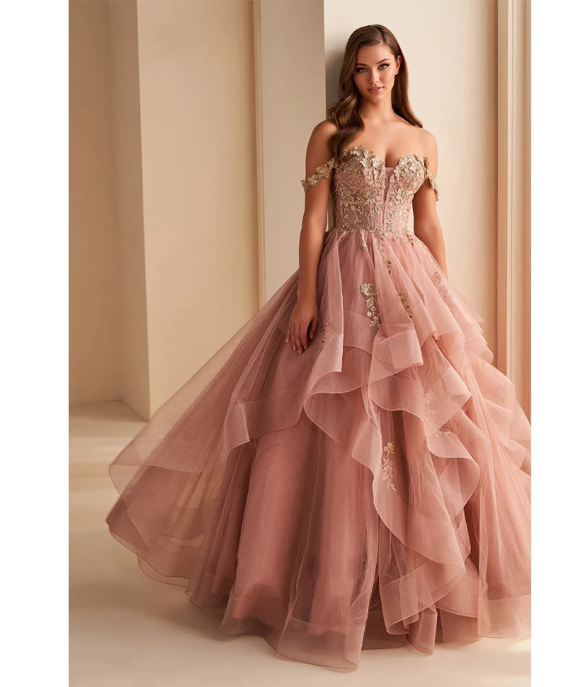 カスタマイズされた絶妙なチュール A ラインオフショルダーアップリケイブニングドレスファッション恋人フロアレングスホームカミングドレス