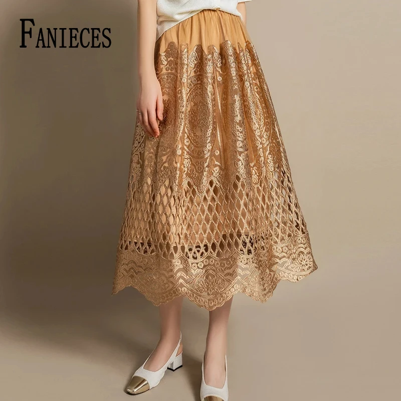 

FANIECES High Quality Lace Embroidery Female Skirt Elegant Gauze High Waist A-line Skirts Party Dating faldas para mujeres